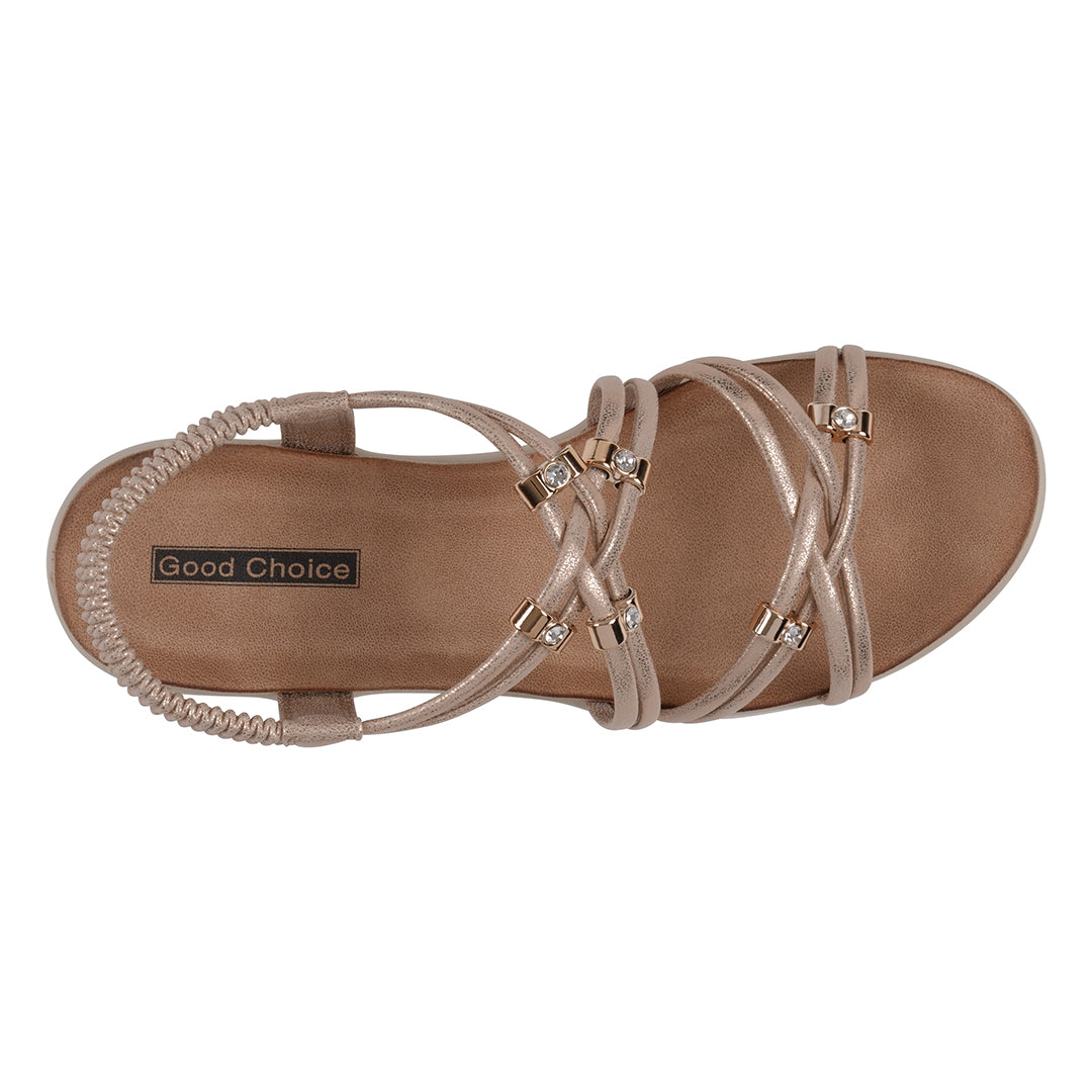 Beige sandal with 'Good Choice' label on a white background