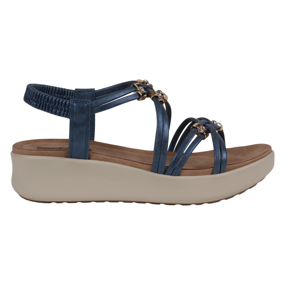 Navy blue sandal with a beige sole on a white background