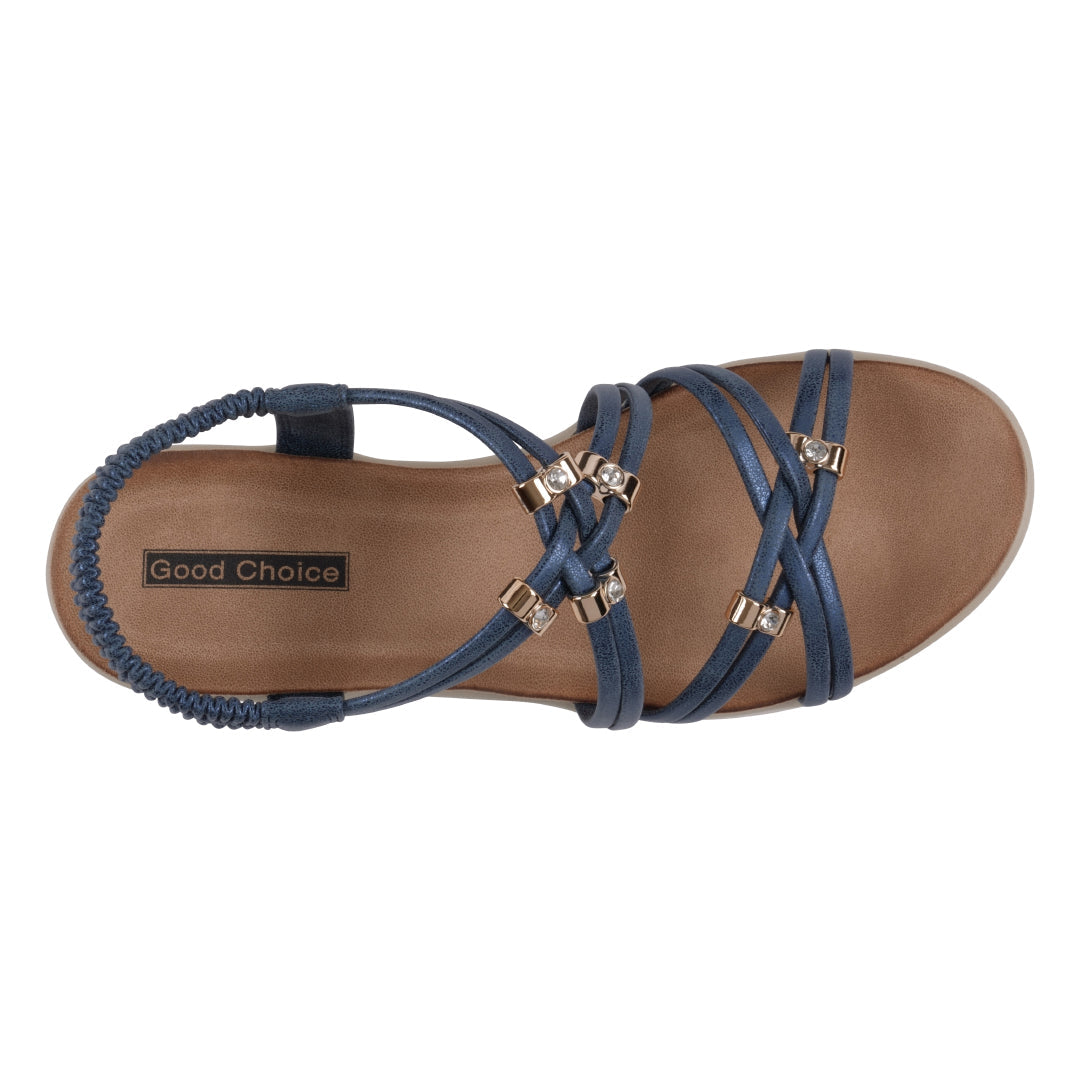 Navy blue sandal with braided straps on a white background