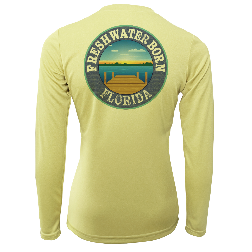 Yellow long-sleeve shirt with 'Freshwater Born Florida' logo on a white background