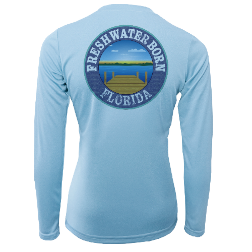 Light blue long-sleeve shirt with 'Freshwater Born Florida' logo on the back against a white background