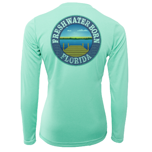 Mint green long-sleeve shirt with 'Freshwater Born Florida' logo on the back against a white background