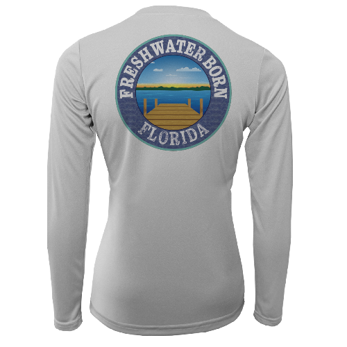 Gray long-sleeve shirt with 'Freshwater Born Florida' logo on the back against a white background