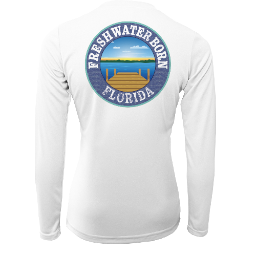 White long-sleeve shirt with 'Freshwater Born Florida' logo on a white background