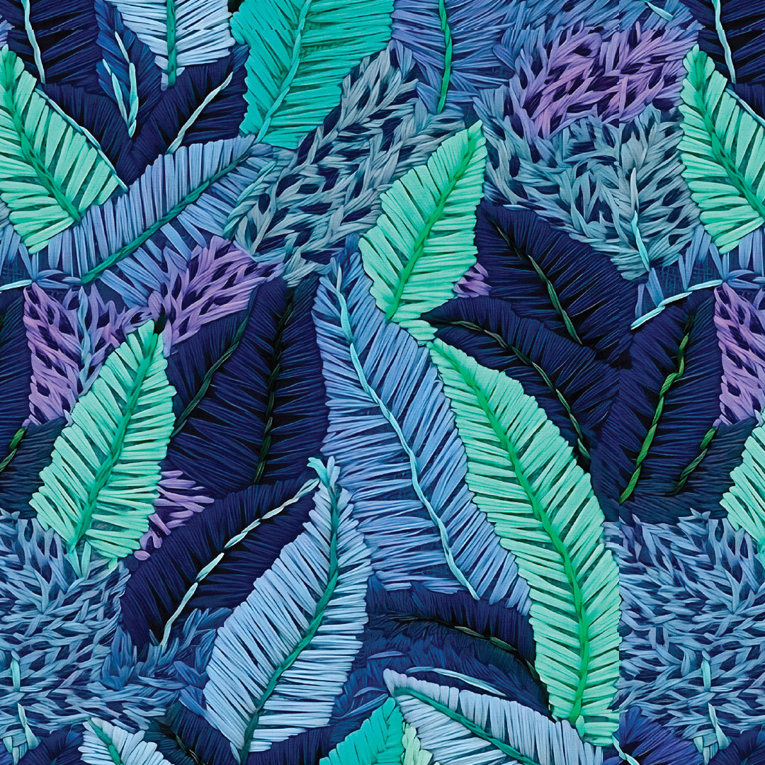 Close-up of embroidered leaf pattern with blue, green, and purple colors.