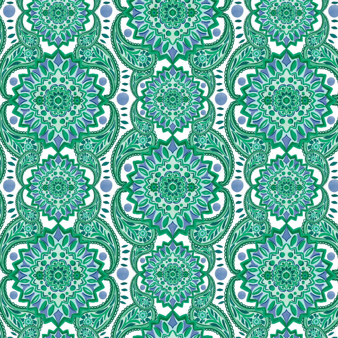 Pattern of green and blue mandalas on a white background