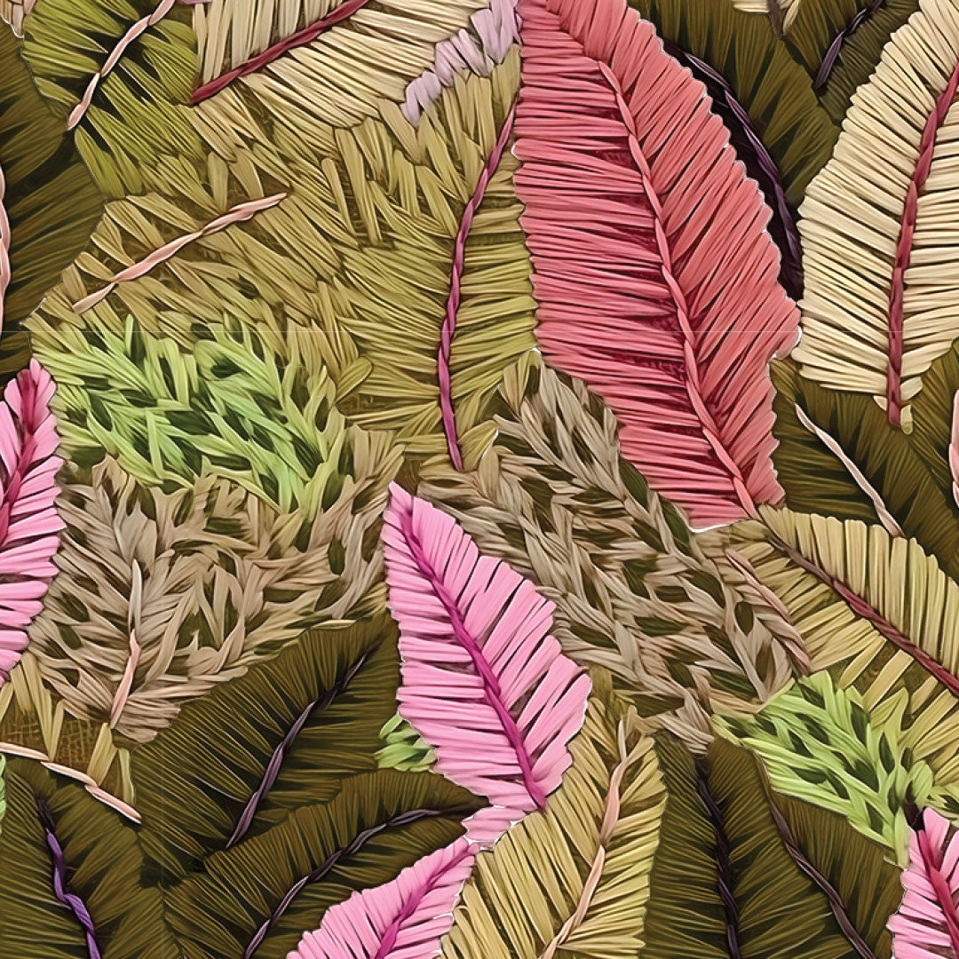 Colorful leaf pattern with pink, green, and brown leaves.