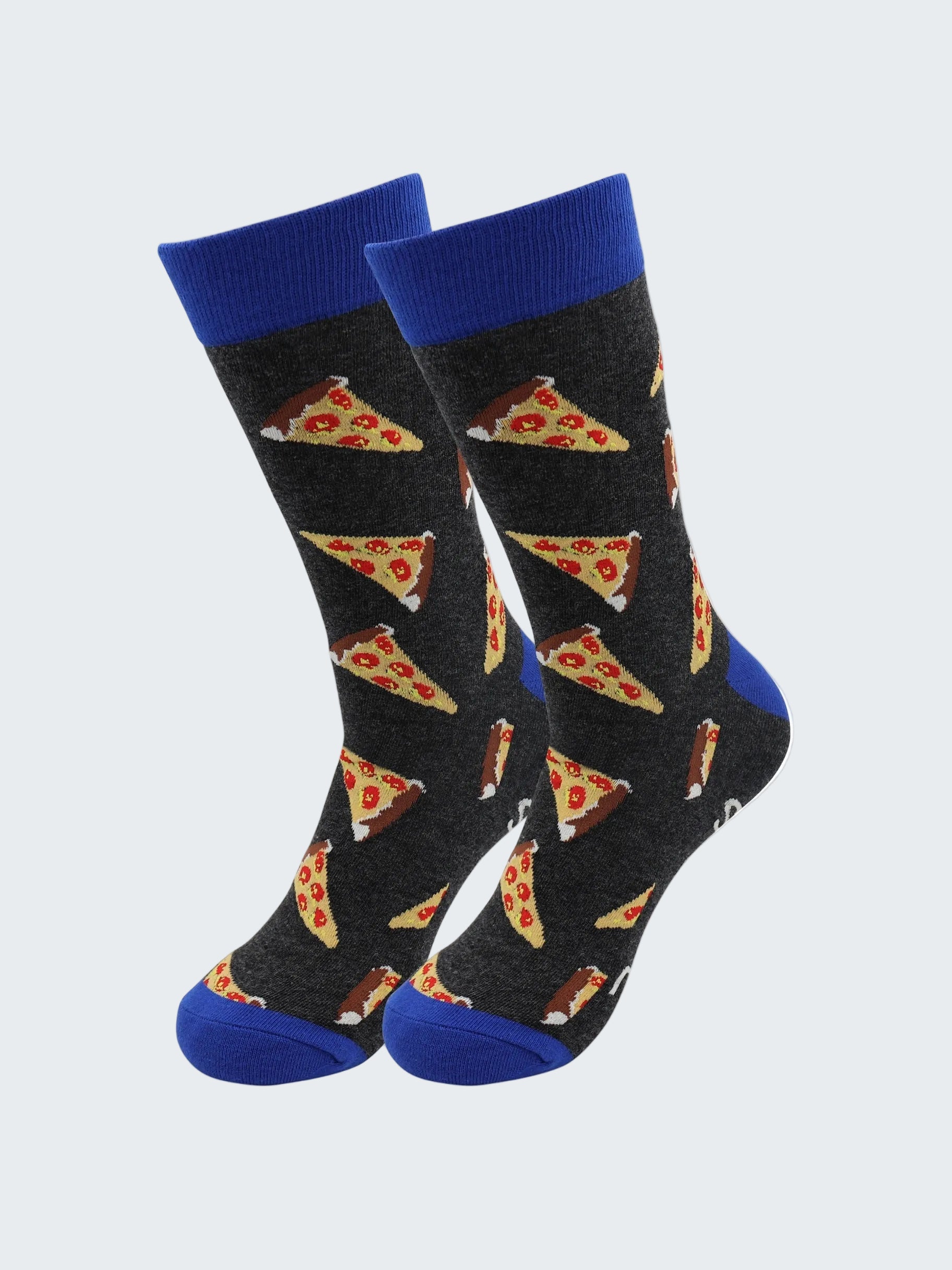 Pair of socks with pizza pattern on a white background