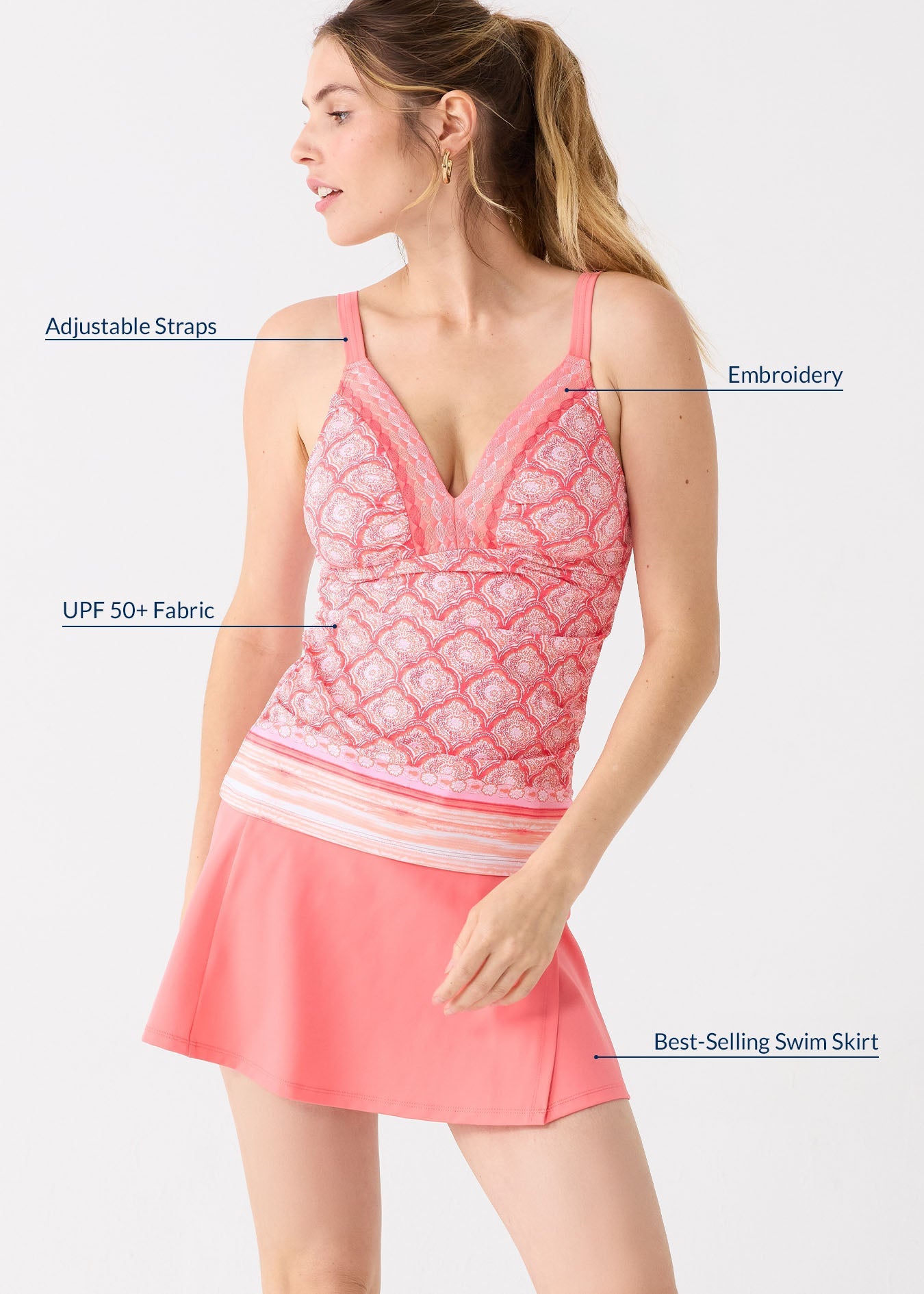 Woman wearing a pink swim skirt with text labels on a white background