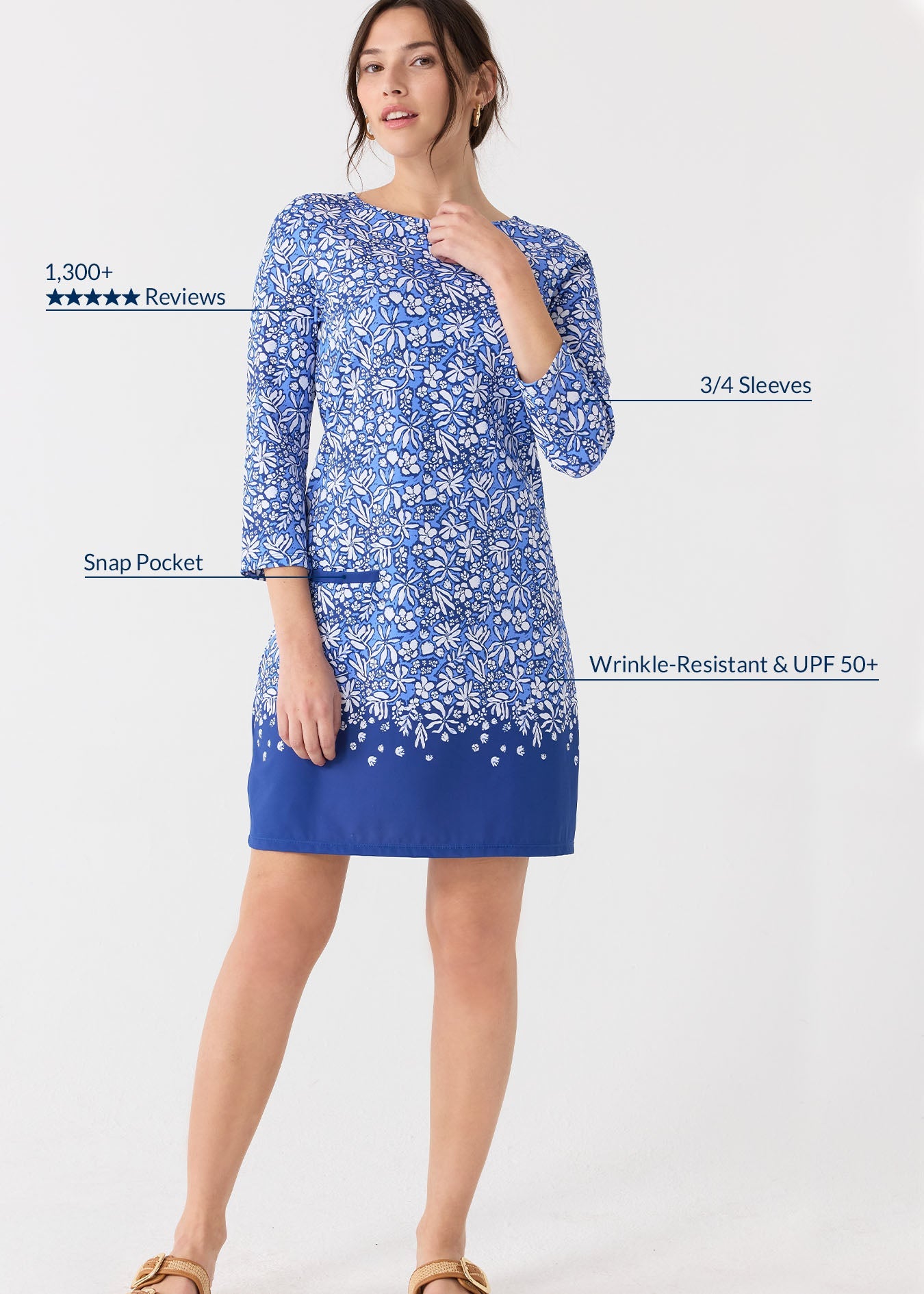 Woman wearing a blue dress with white floral pattern on a white background