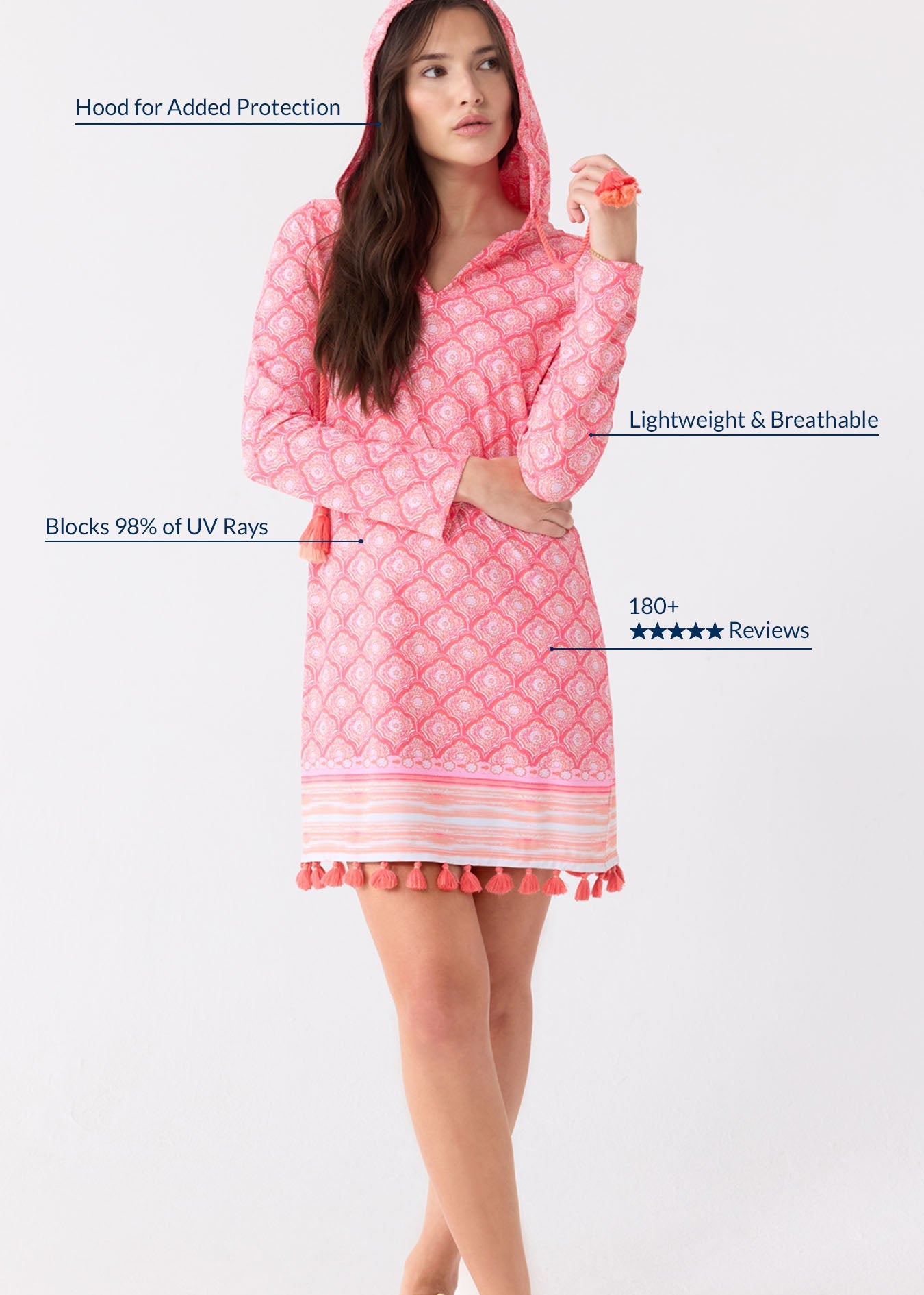 Woman wearing a pink UV protective dress with text highlighting features on a white background