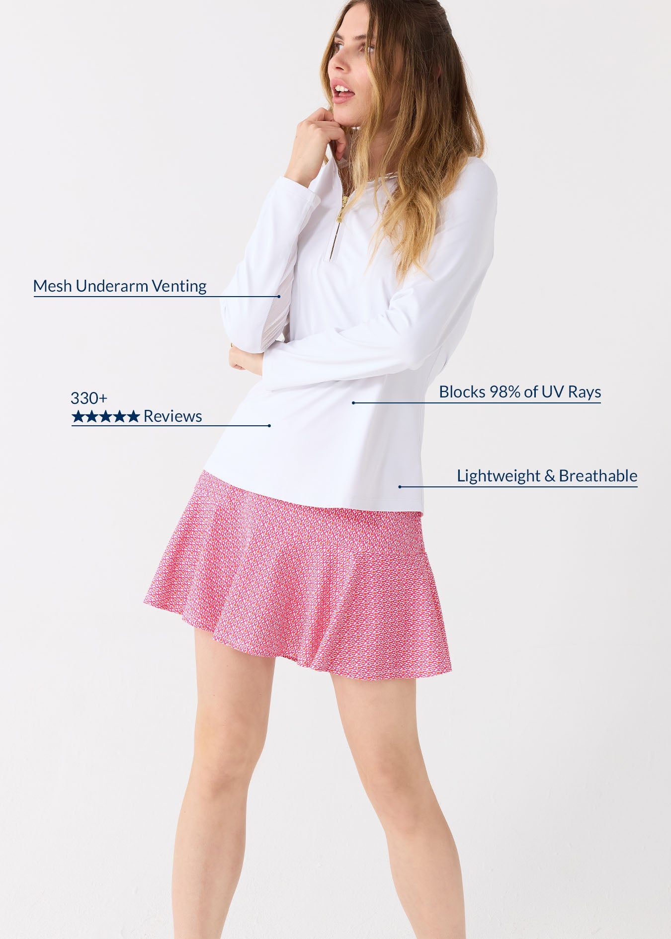 Woman wearing a white long-sleeve top and pink skirt on a white background with product features text overlay.