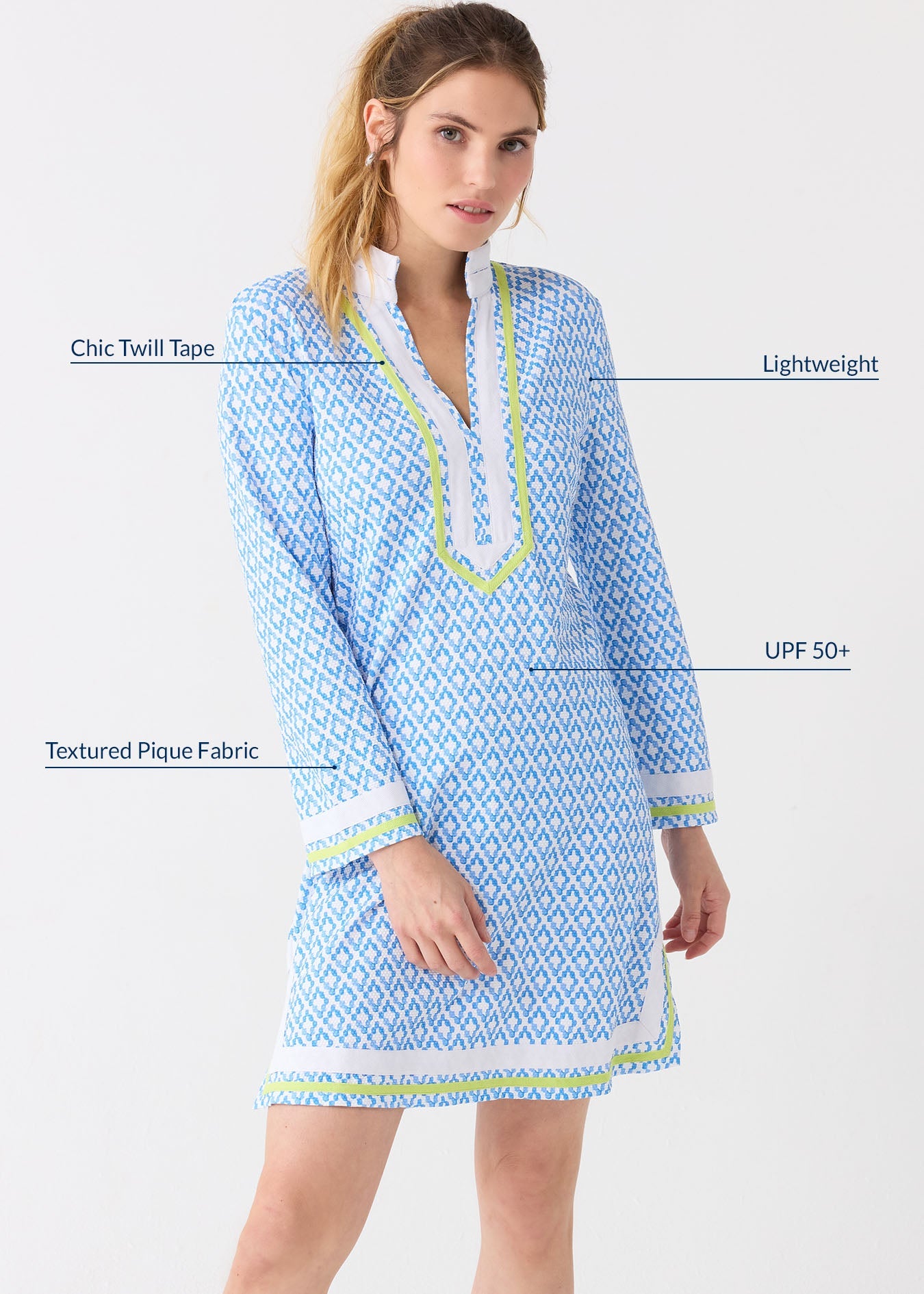Woman wearing a blue patterned dress with text highlighting fabric details on a white background