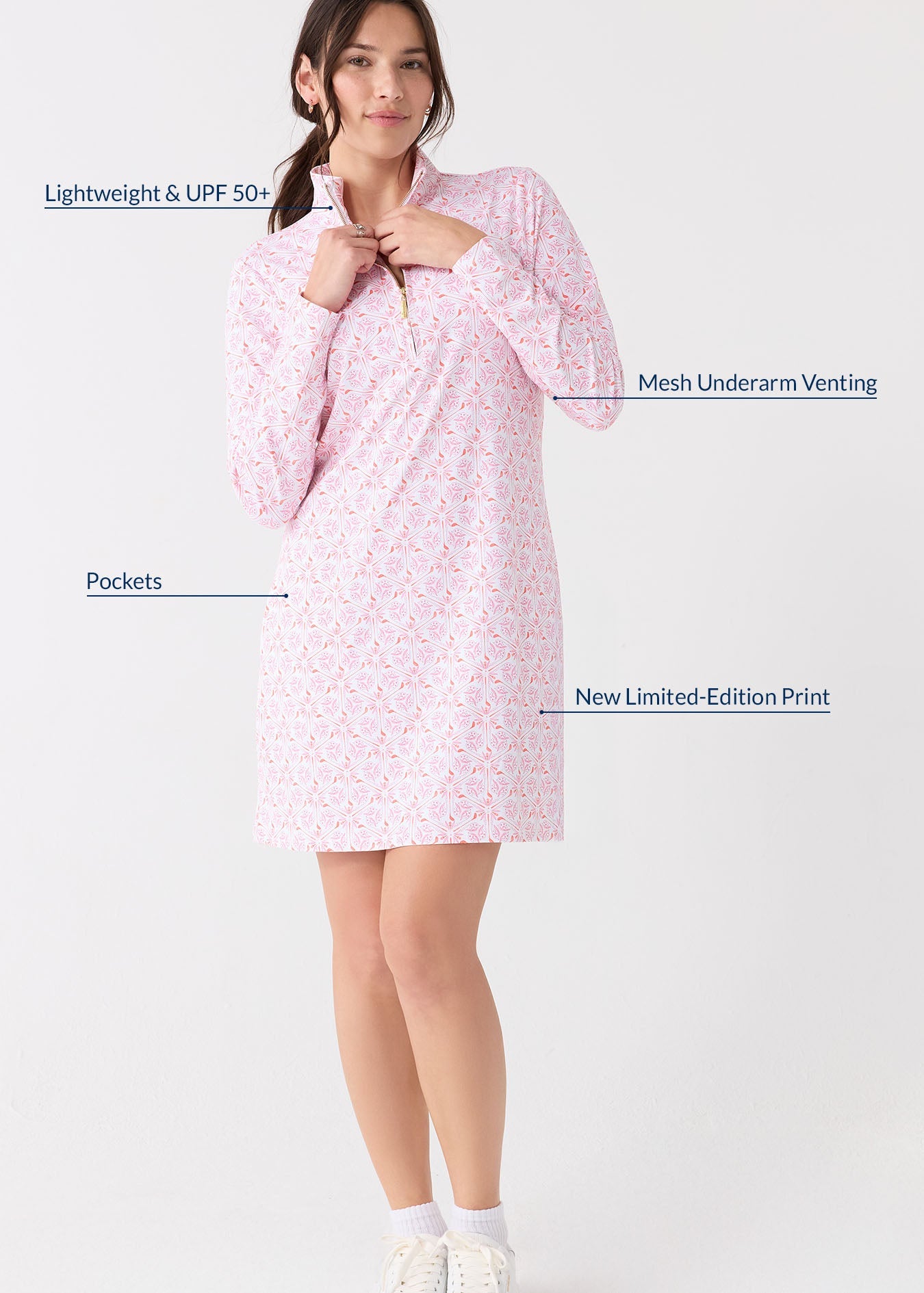 Woman wearing a pink dress with text highlighting features on a white background