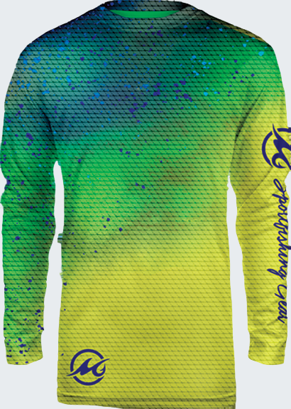 Long-sleeve shirt with gradient design transitioning from green to yellow, featuring a logo on the sleeve.