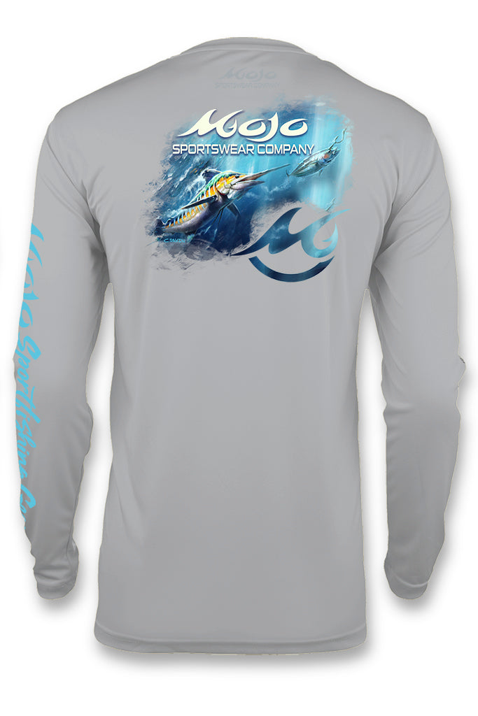Gray long-sleeve shirt with a graphic of a marlin and 'Mojo Sportswear Company' logo on the back.