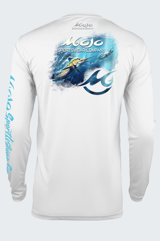 White long-sleeve shirt with blue graphic and 'Mojo' branding on a white background