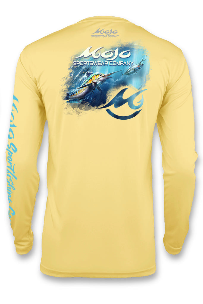 Yellow long-sleeve shirt with a fish graphic and 'Mojo Sportswear Company' branding on a white background.