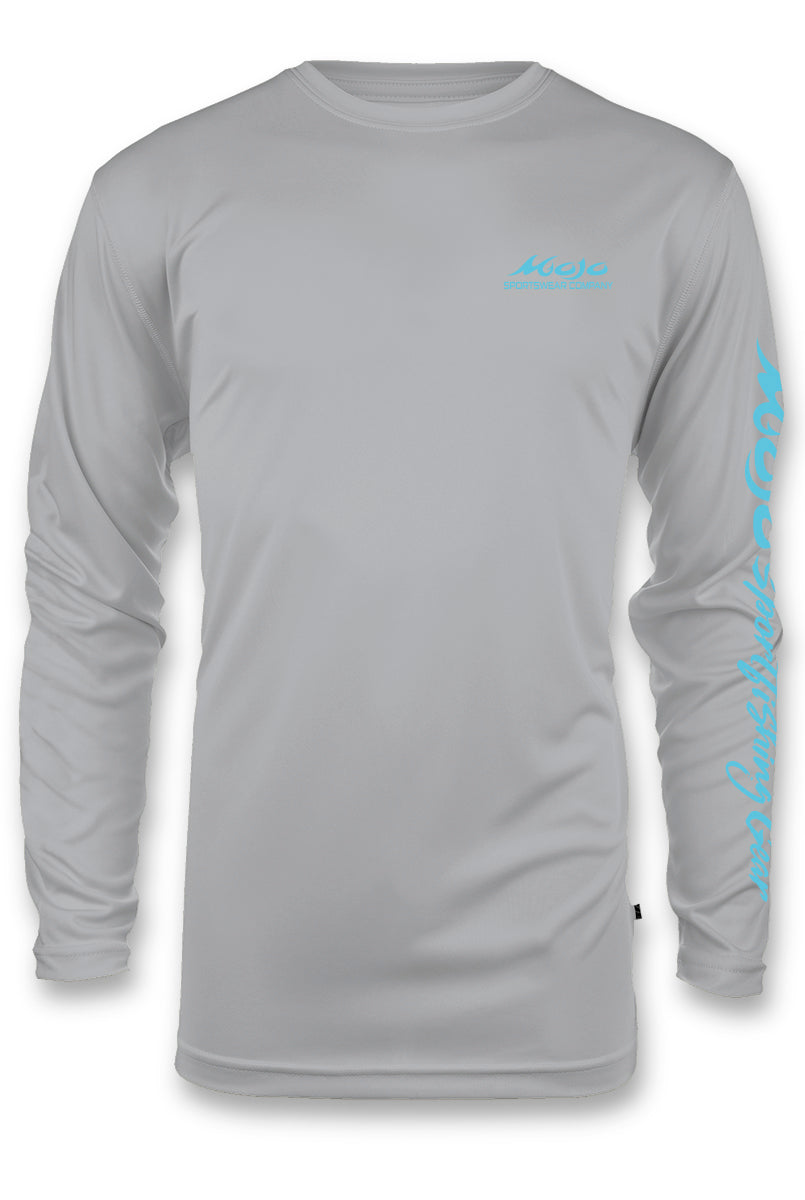 Gray long-sleeve shirt with blue branding on a white background