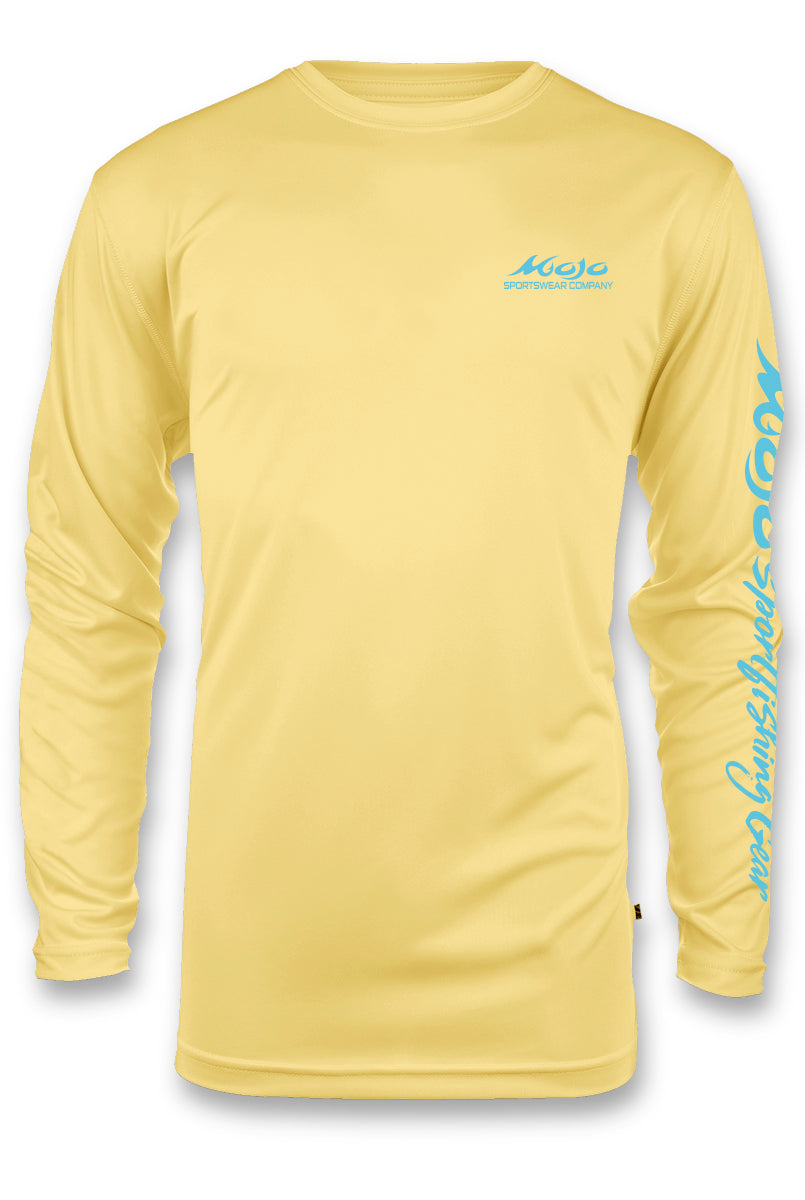 Yellow long-sleeve shirt with blue text on a white background
