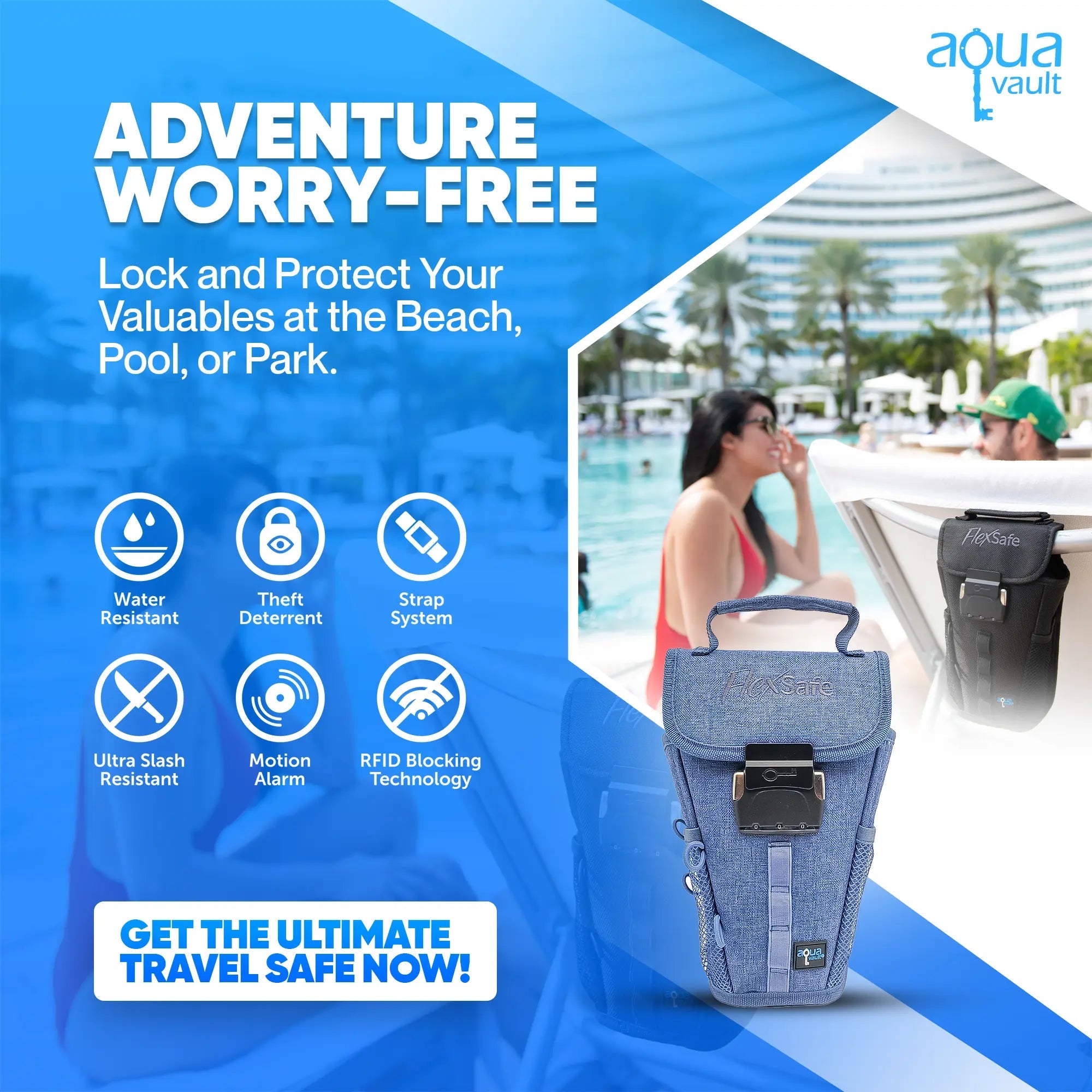 Advertisement for Aqua Vault travel safe with beach scene and product display.