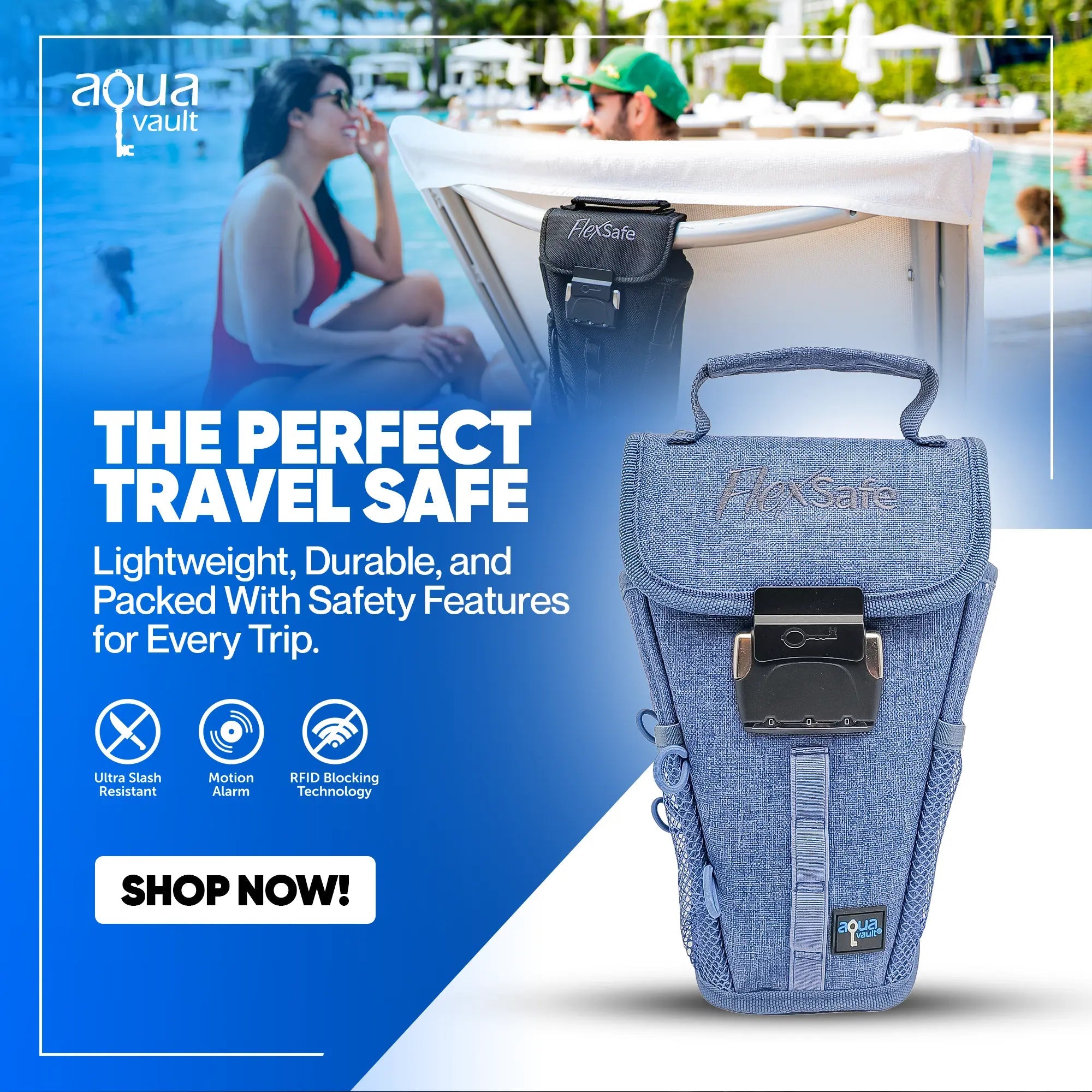 Blue travel safe with promotional text and branding on a blurred poolside background