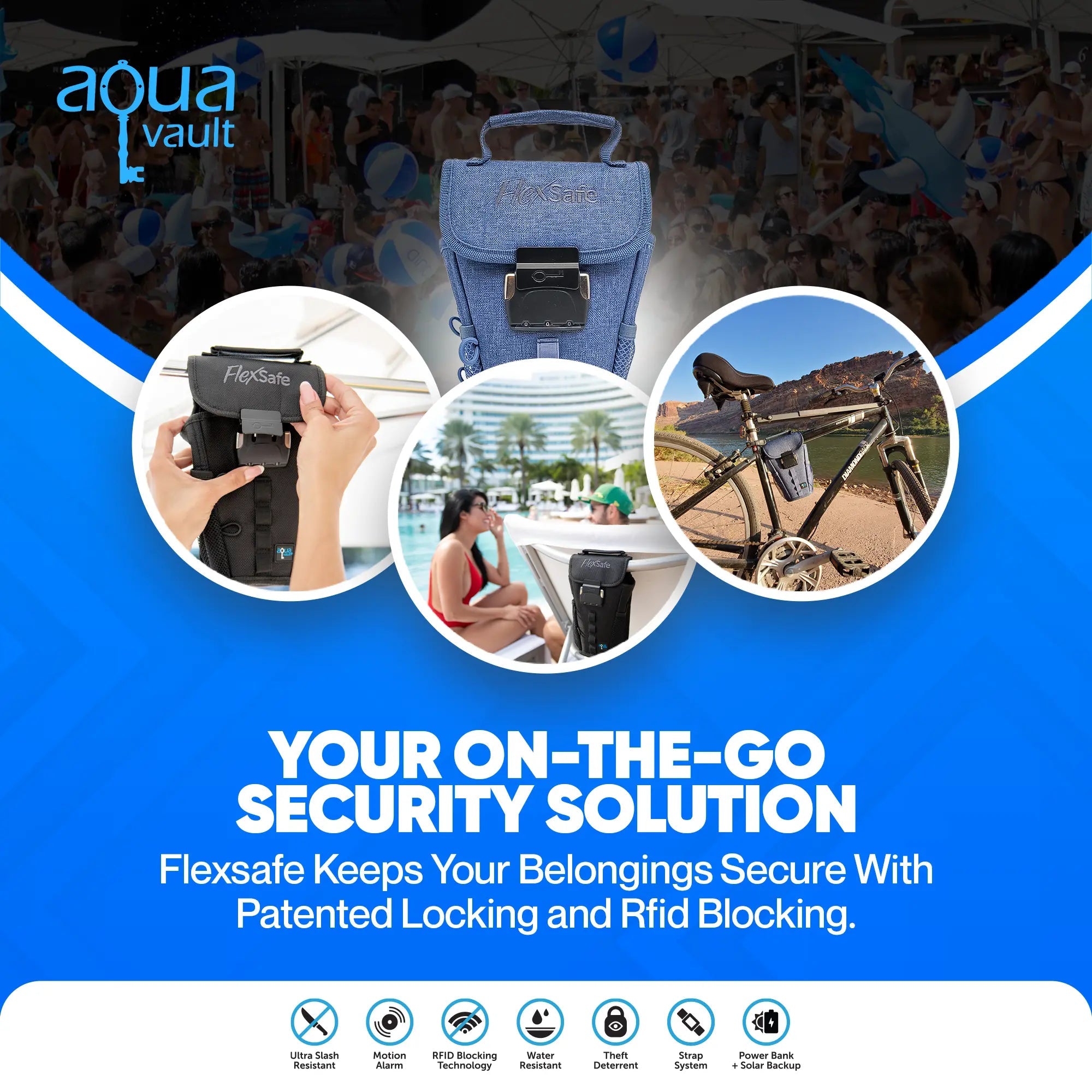 Advertisement for Aqua Vault Flexsafe security device with images of people using it in various settings.