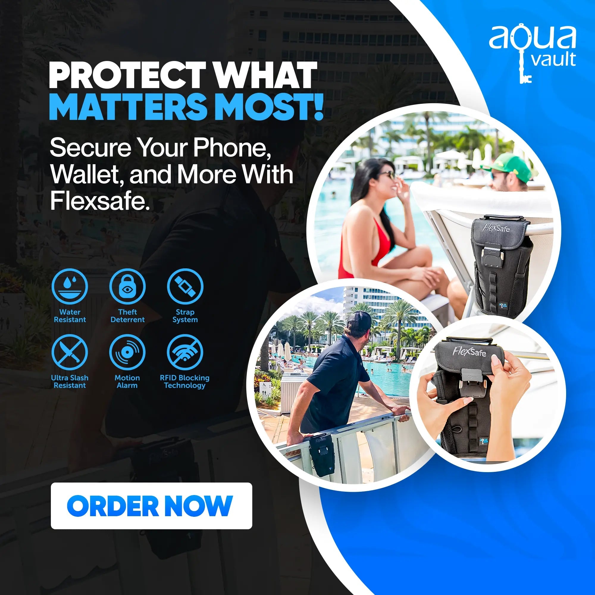 Advertisement for Aqua Vault Flexsafe product with text and images of people using the product.