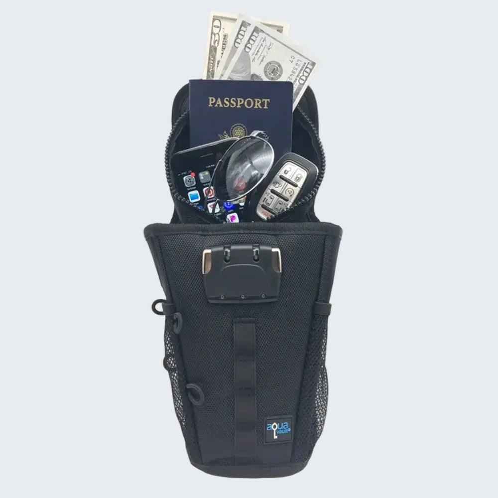 Black tactical pouch with compartments for passport, money, phone, and car keys on a white background.