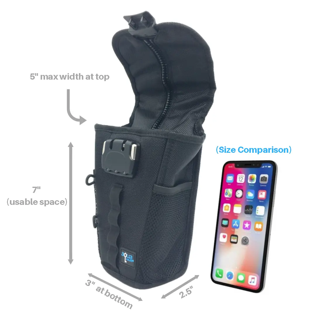 Black tactical pouch with measurements and a smartphone for size comparison on a white background