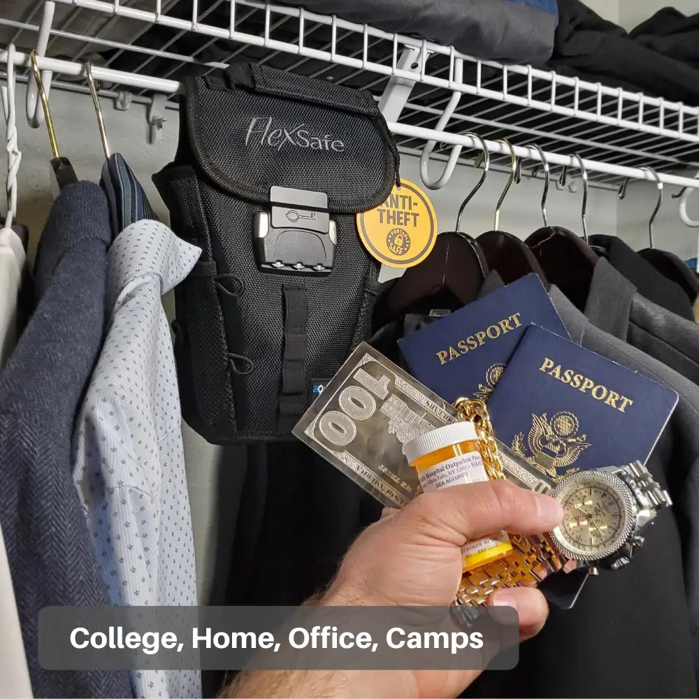 Person holding money, passports, and a watch with a closet background