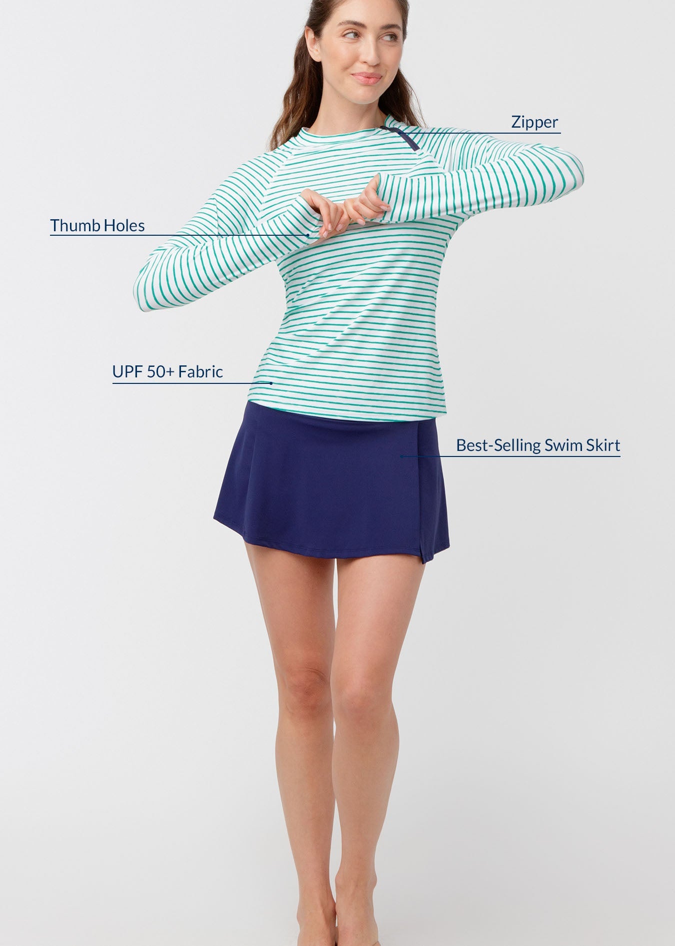 Woman wearing a striped shirt and navy skirt with text labels on a white background
