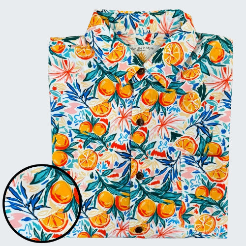 Colorful shirt with orange and floral pattern on a white background