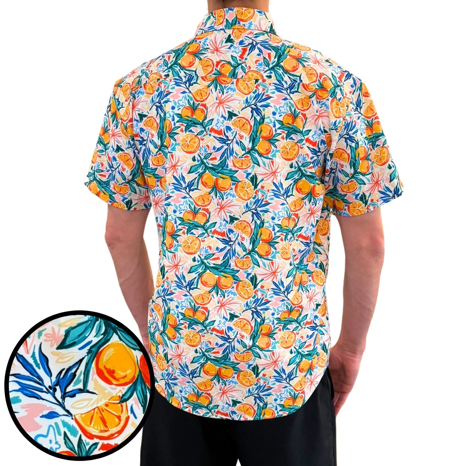 Short-sleeve shirt with tropical fruit pattern on a white background