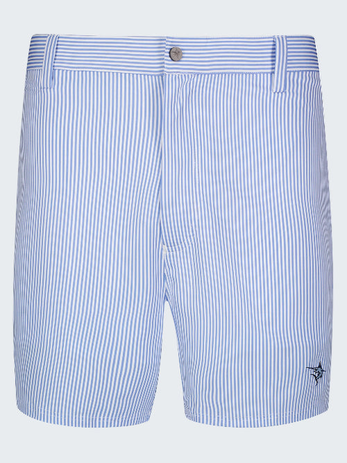 Blue and white striped shorts on a white background