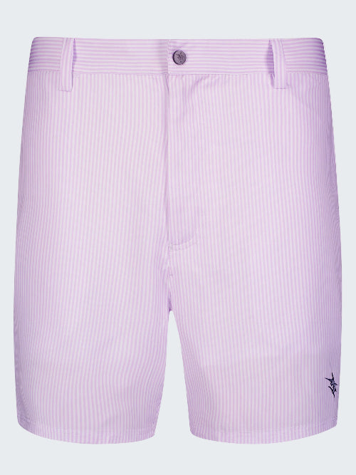 Lavender shorts with a subtle pattern on a white background