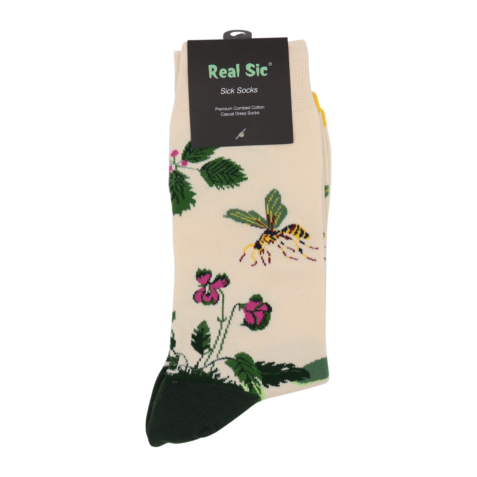 Beige sock with floral and insect design, featuring 'Real Sic' brand on a white background.