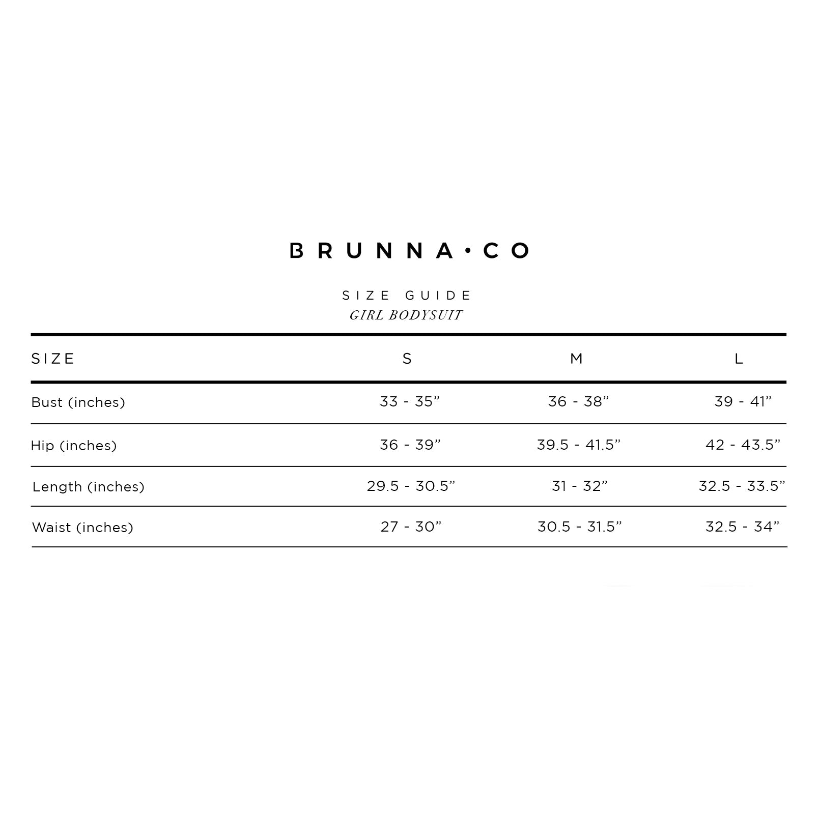 Size guide for Brunna Co girl bodysuit with measurements in inches.