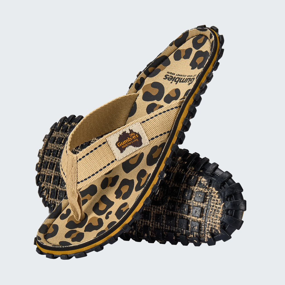 Pair of leopard print sandals with textured soles on a white background