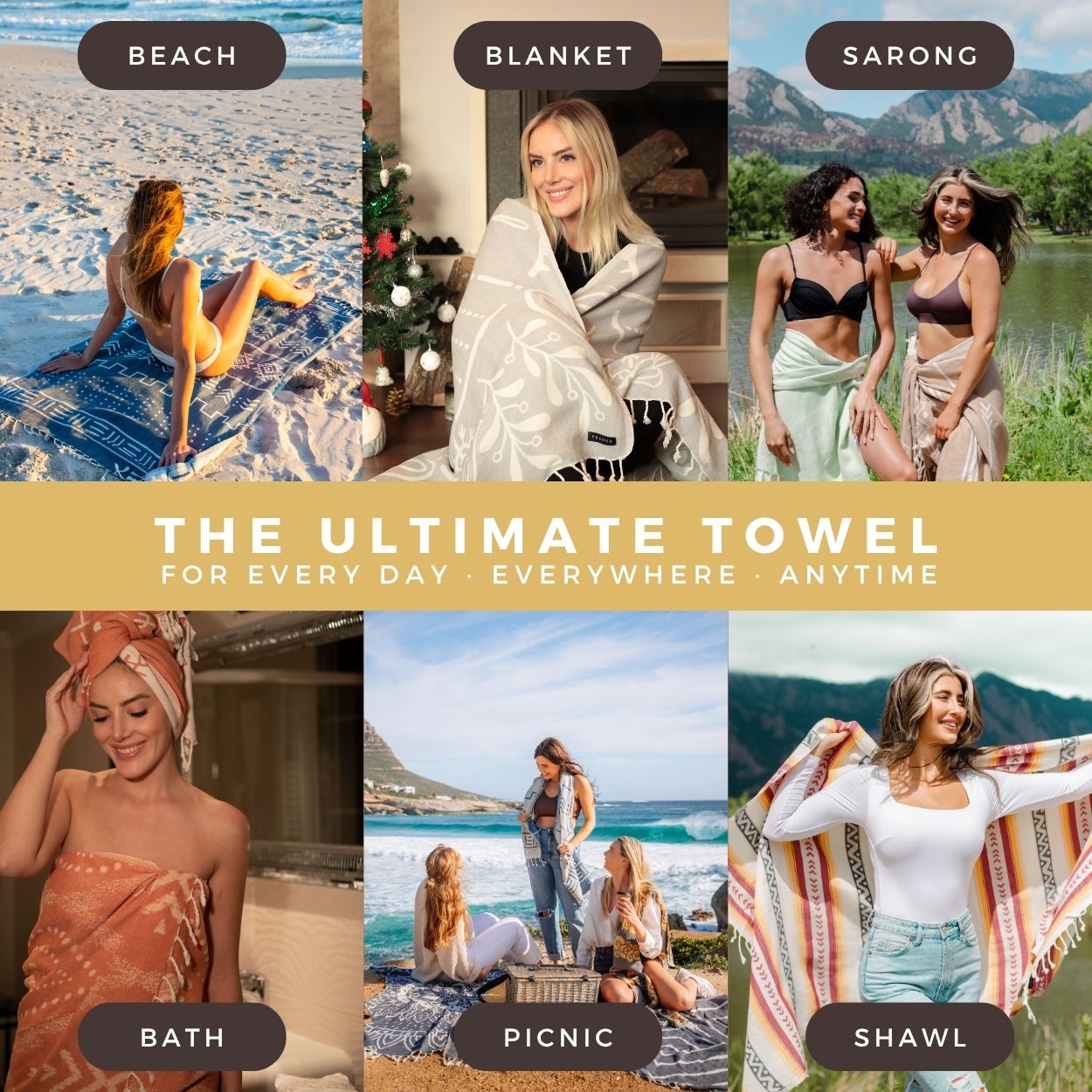 Collage of people using towels for various activities with text 'The Ultimate Towel' at the bottom.