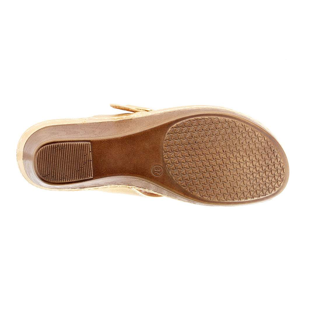 Close-up of a sandal sole with textured surface on a white background