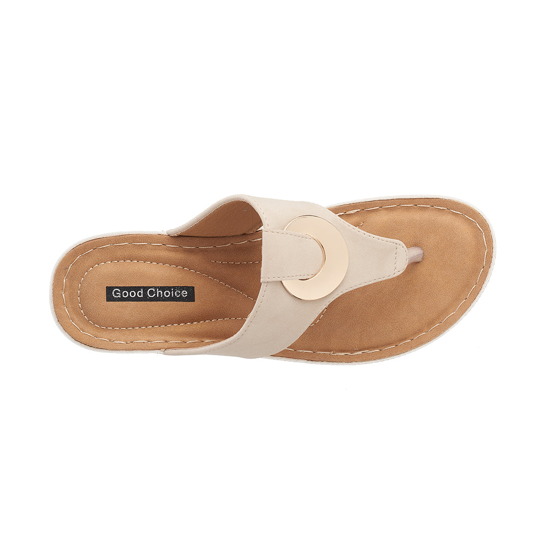 Beige sandal with a visible 'Good Choice' label on a white background