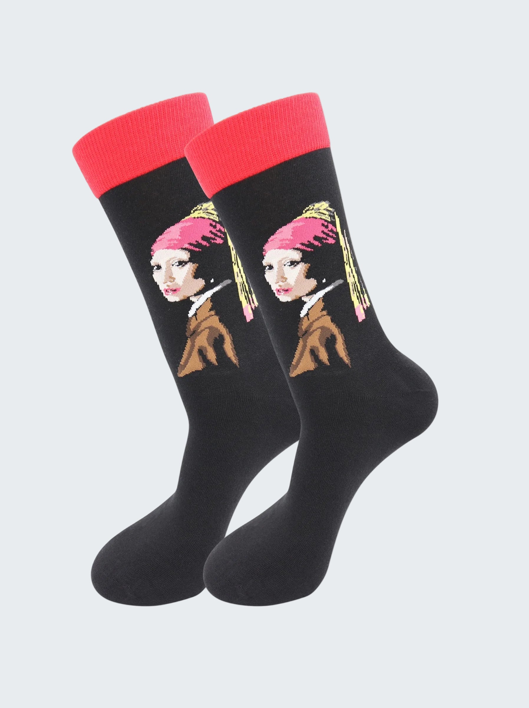 Black socks with a red top and a design of a woman with a pearl earring on a white background