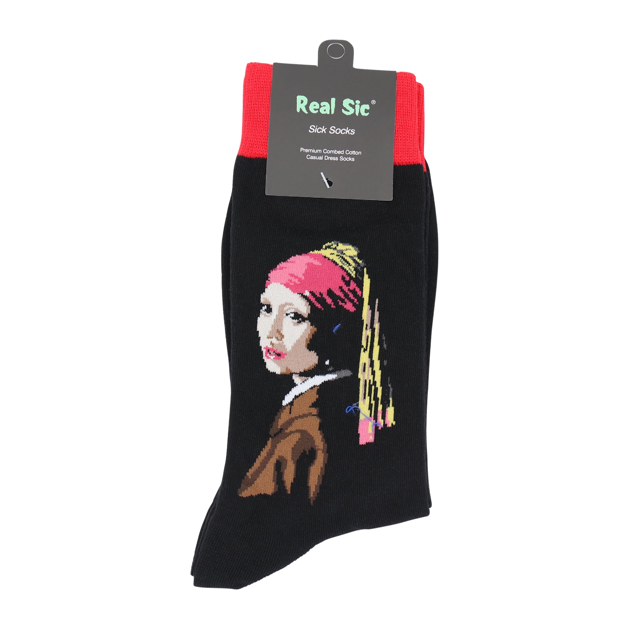 Black sock with a colorful design on a white background, featuring 'Real Sic' branding.