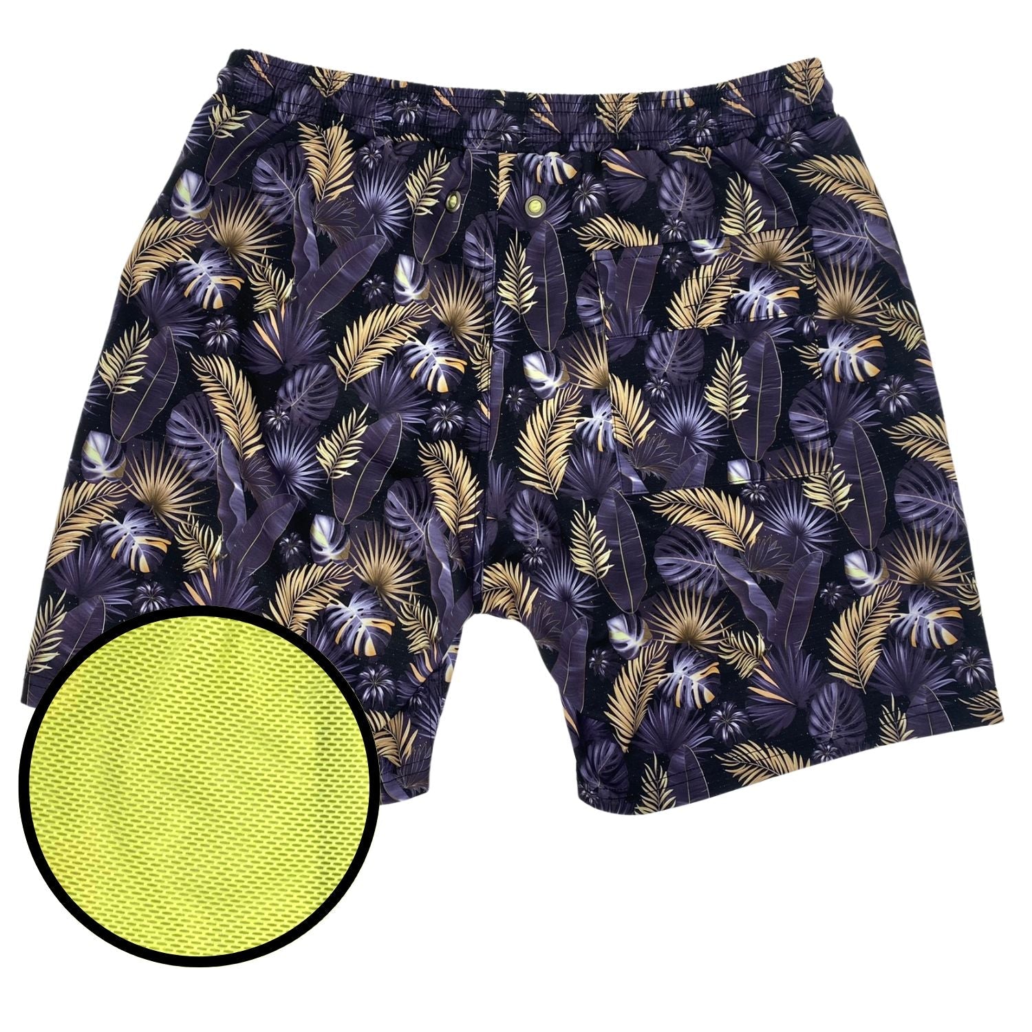 Tropical leaf patterned shorts with a close-up of the textured material on a white background