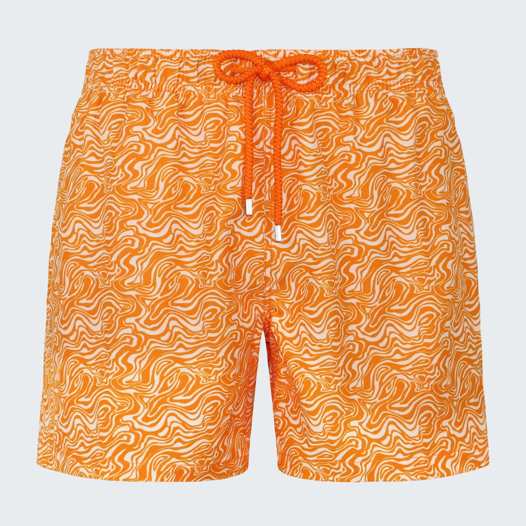 Orange swim shorts with a pattern on a white background