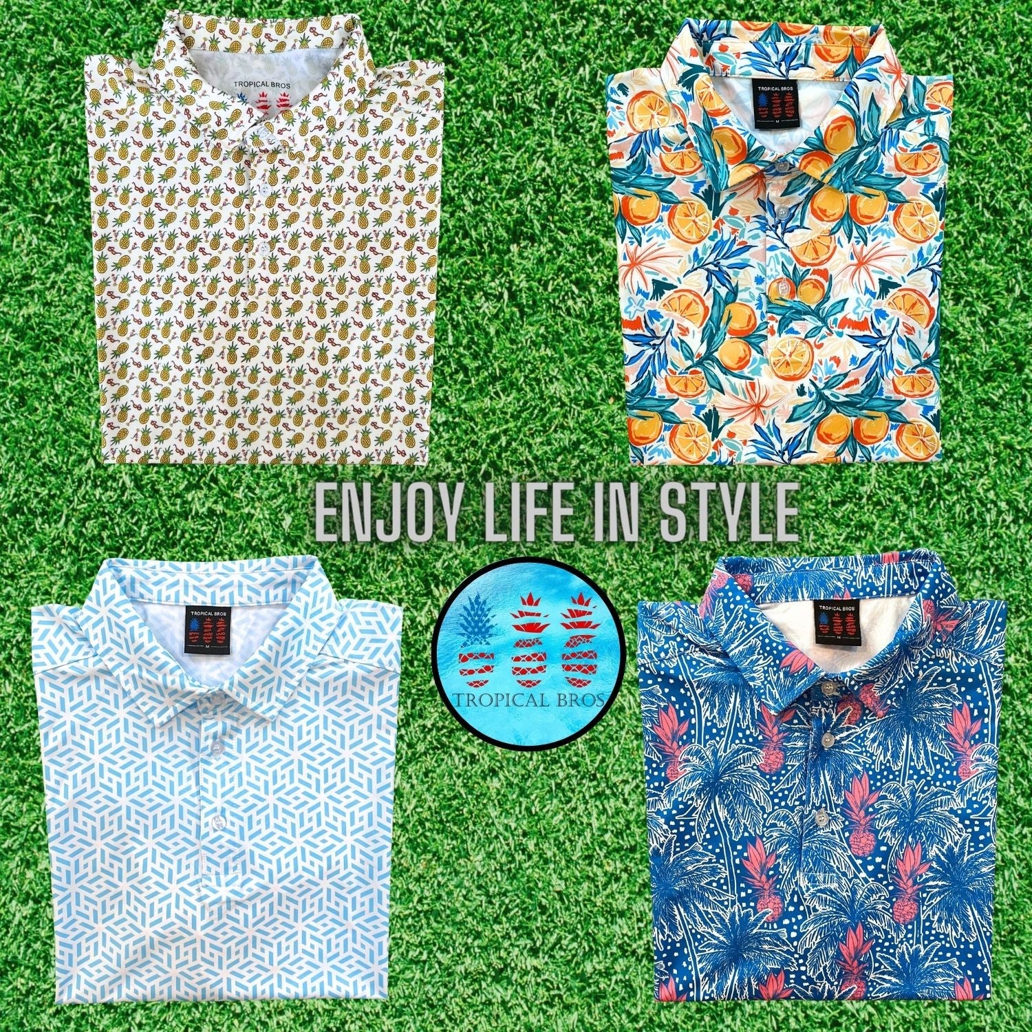 Four patterned shirts on a grass background with 'Enjoy Life in Style' text and a tropical brooch.