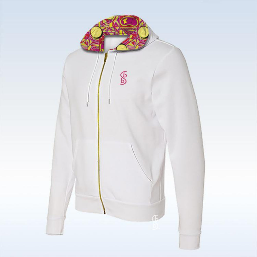 White hoodie with colorful hood and pink logo on a light blue background