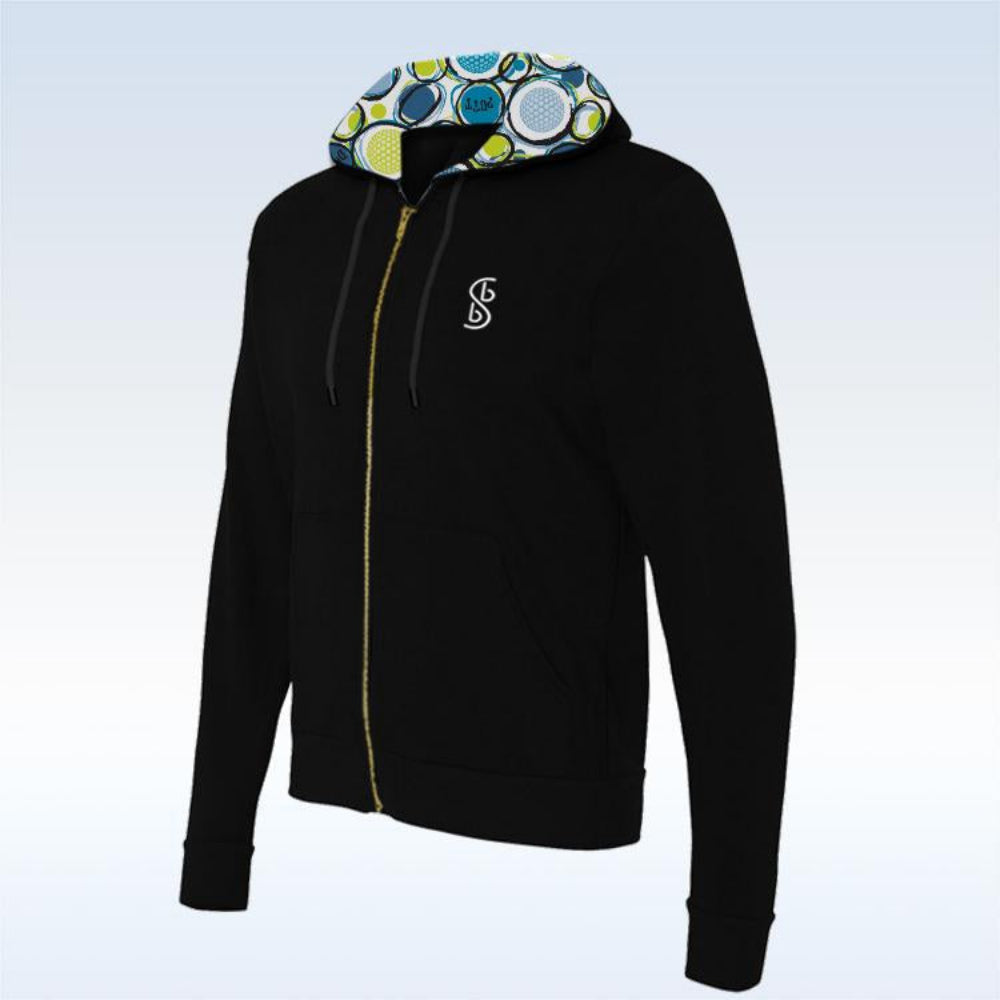 Black hoodie with colorful hood and logo on a light blue background