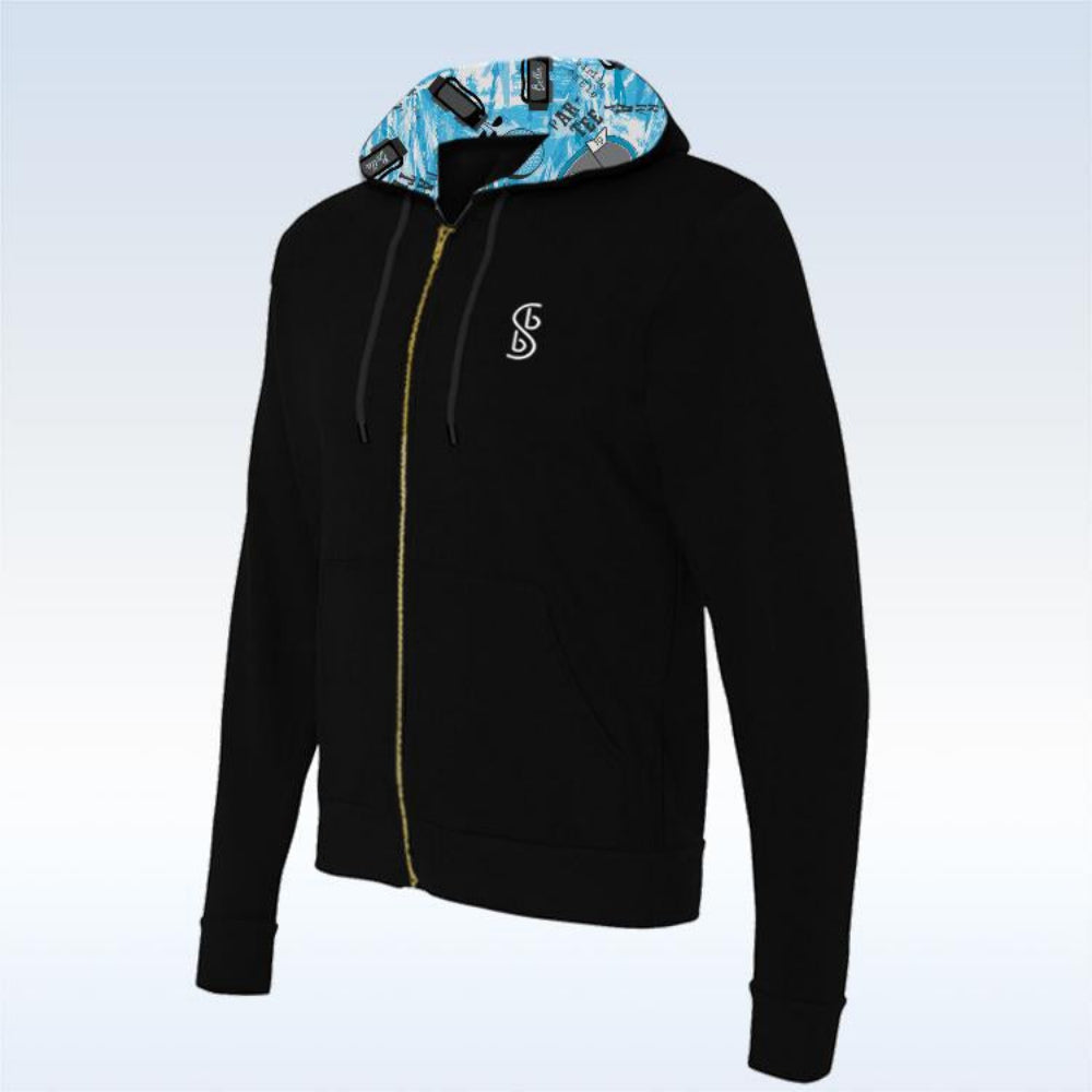 Black hoodie with blue hood and logo on a light gray background
